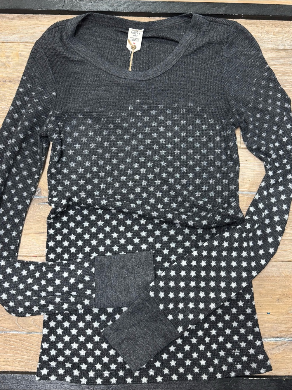 Free People Charcoal Black Long Sleeve waffle weave Star Print Top